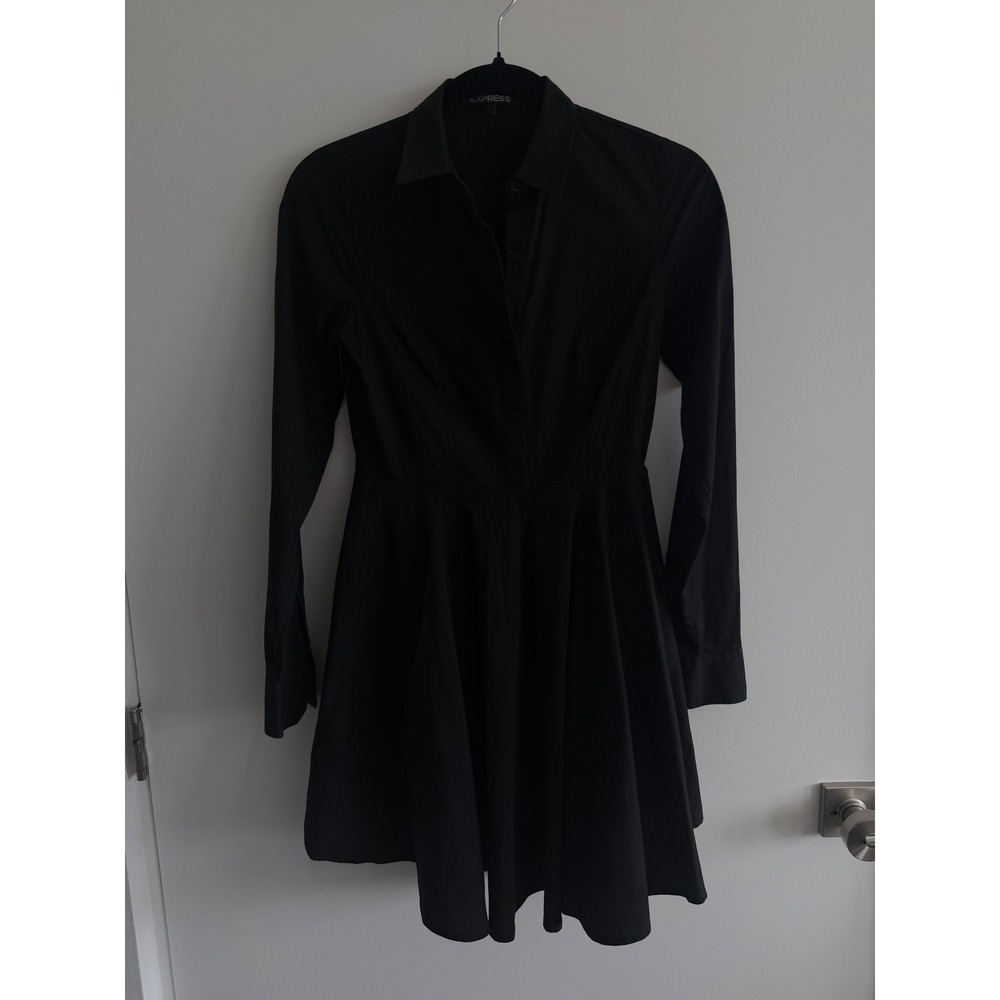 Express Womens Black Long Sleeve Fit and Flare Shirt Dress Size 2 Pockets - Picture 2 of 10